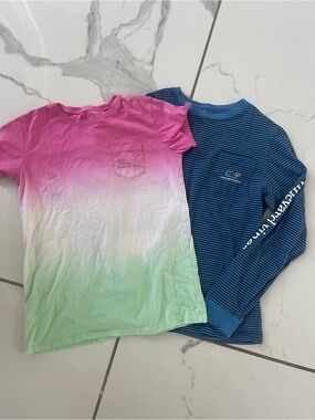 Vineyard Vines Kids Pink to Green Tie-Dye Tee & Blue Striped Long Sleeve Set